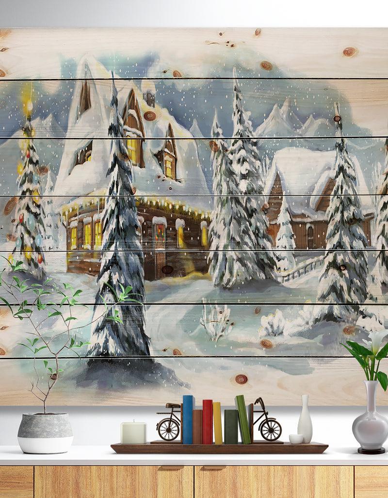 designq Evening winter scene in Mountains with Christmas Tree - Print on Natural Pine Wood