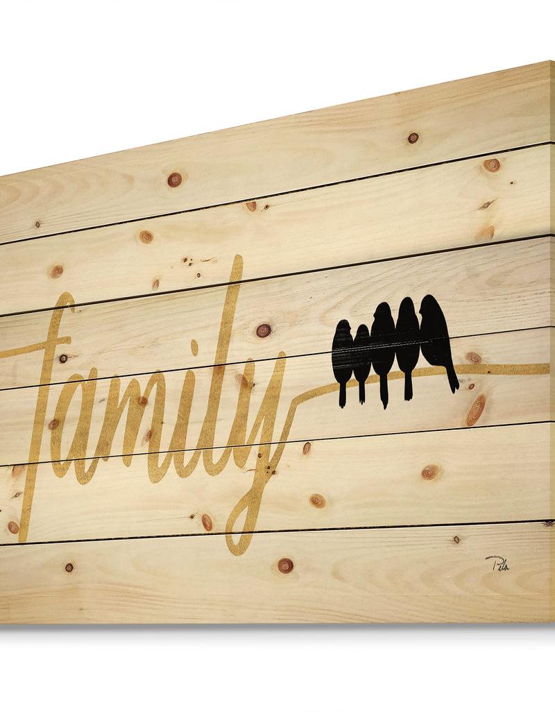 Designq Family Of Birds On Gold Words II - Cottage Print On Natural Pine Wood