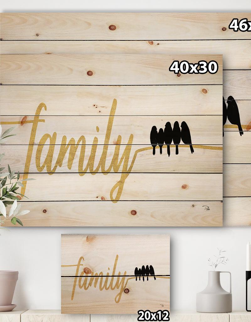 Designq Family Of Birds On Gold Words II - Cottage Print On Natural Pine Wood