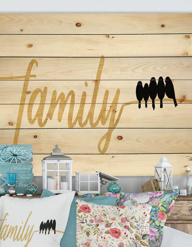 designq Family of Birds on Gold Words II - Cottage Print on Natural Pine Wood
