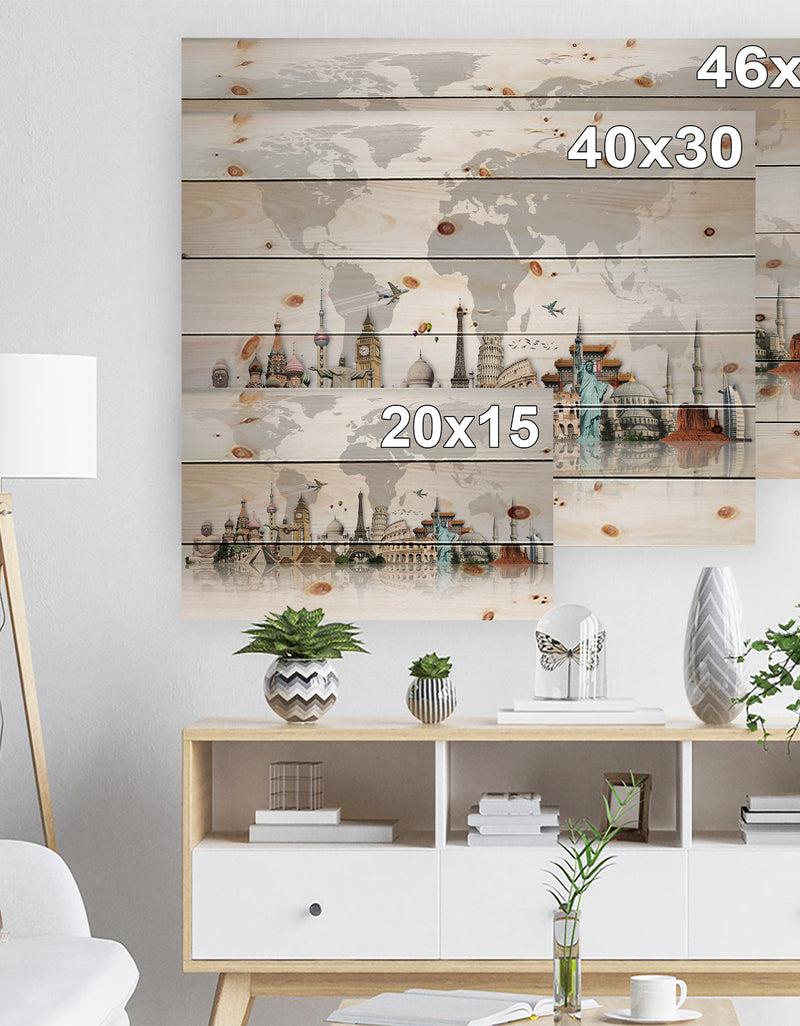 Designq Famous Monuments Across World Map - Print On Natural Pine Wood
