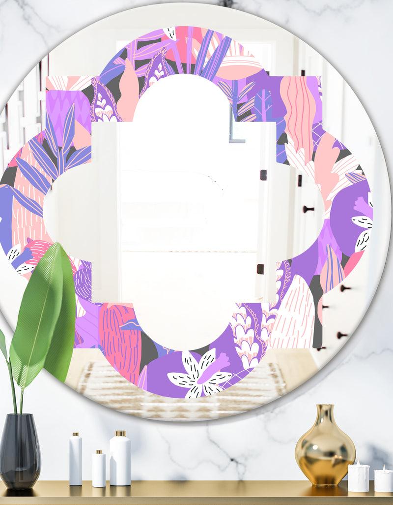 designq Fantasy Flowers In Purple - Modern Round or Oval Wall Mirror - Quatrefoil