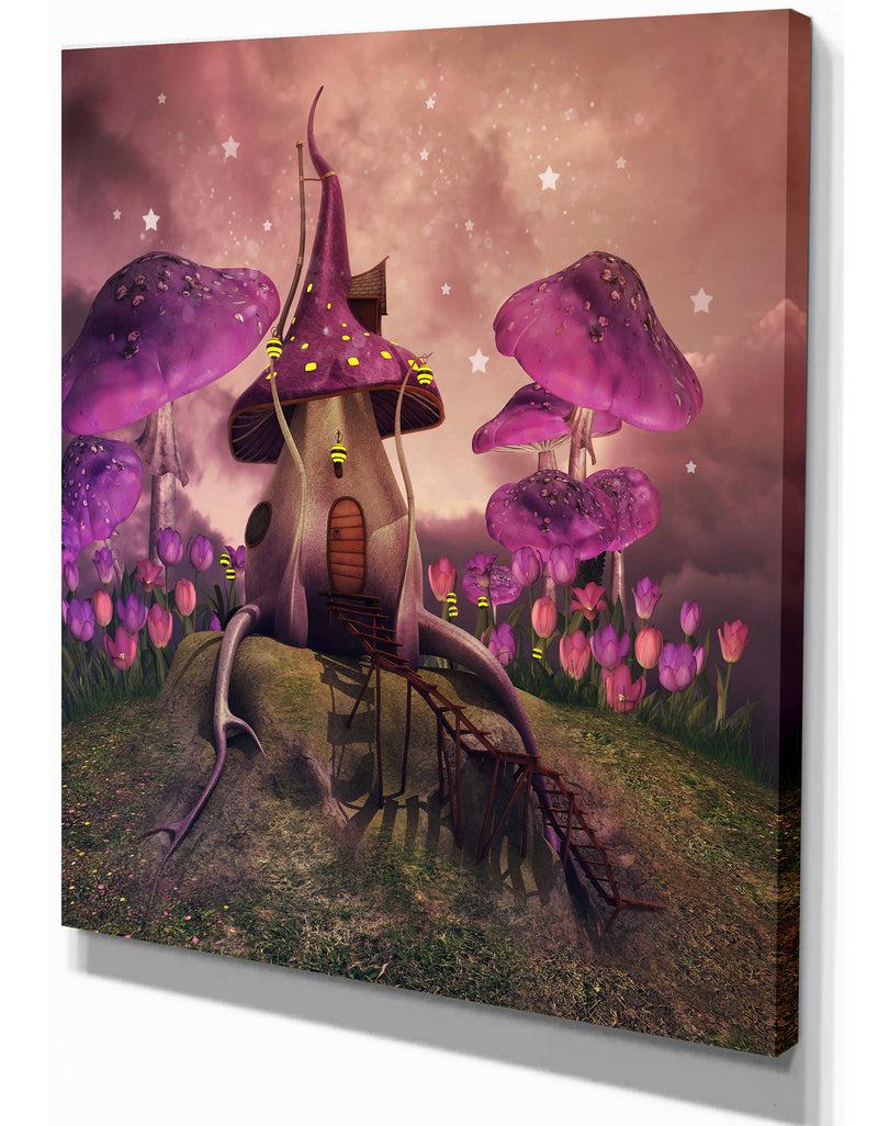 Designq Fantasy Mushrooms On A Hill - Floral Painting Print On Wrapped Canvas