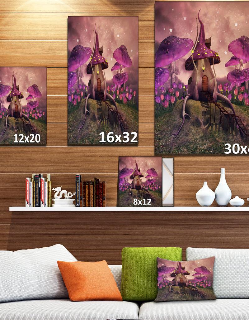 Designq Fantasy Mushrooms On A Hill - Floral Painting Print On Wrapped Canvas