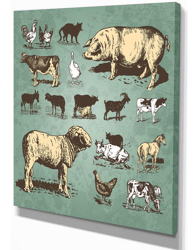 Designq Farm Animals Vintage Set - Sketch Of Farmhouse Animals Of Painting Print On Wrapped Canvas