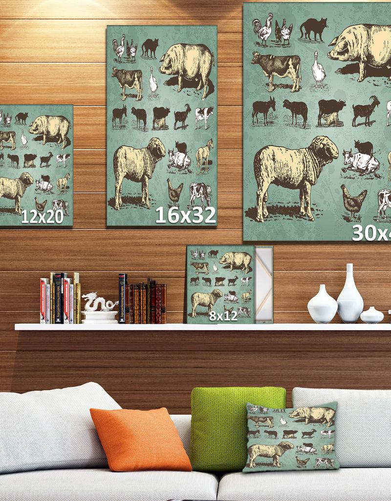 Designq Farm Animals Vintage Set - Sketch Of Farmhouse Animals Of Painting Print On Wrapped Canvas