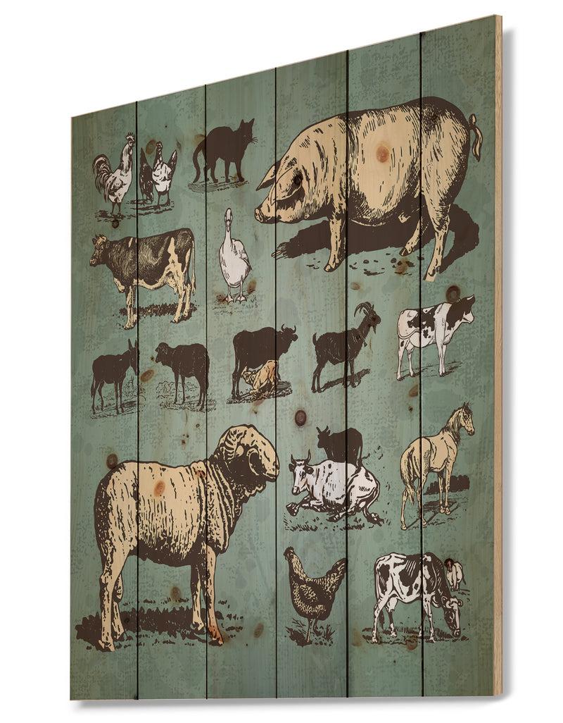 Designq Farm Animals Vintage Set - Sketch Of Farmhouse Animals Of Painting Print On Natural Pine Wood