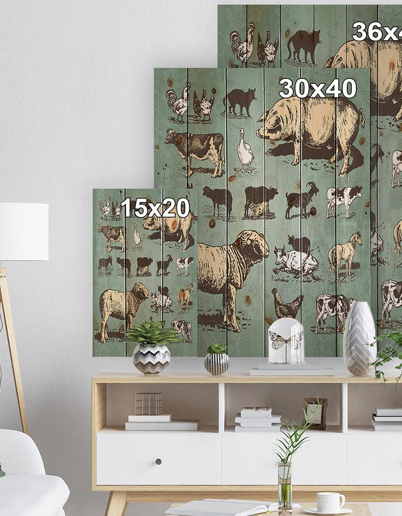 Designq Farm Animals Vintage Set - Sketch Of Farmhouse Animals Of Painting Print On Natural Pine Wood
