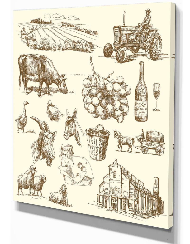 Designq Farm Collection - Sketch Of Farmhouse Animals Of Painting Print On Wrapped Canvas