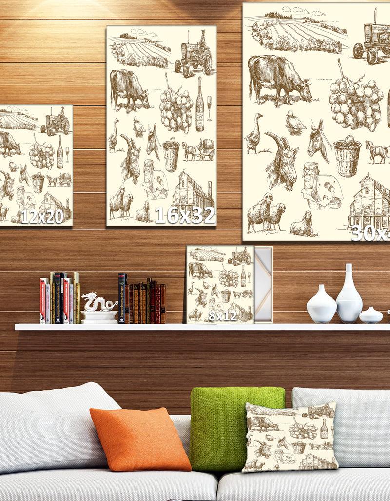 Designq Farm Collection - Sketch Of Farmhouse Animals Of Painting Print On Wrapped Canvas