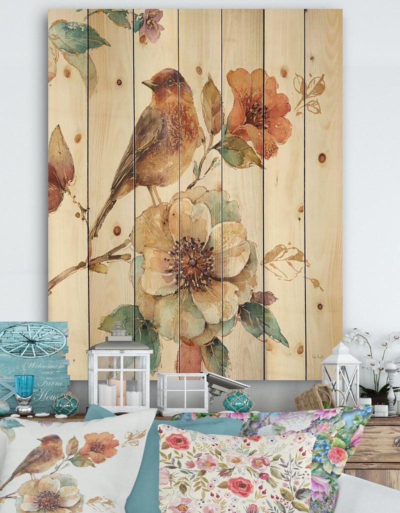 designq Farmhouse Bird on Flower Branch - Traditional Print on Natural Pine Wood