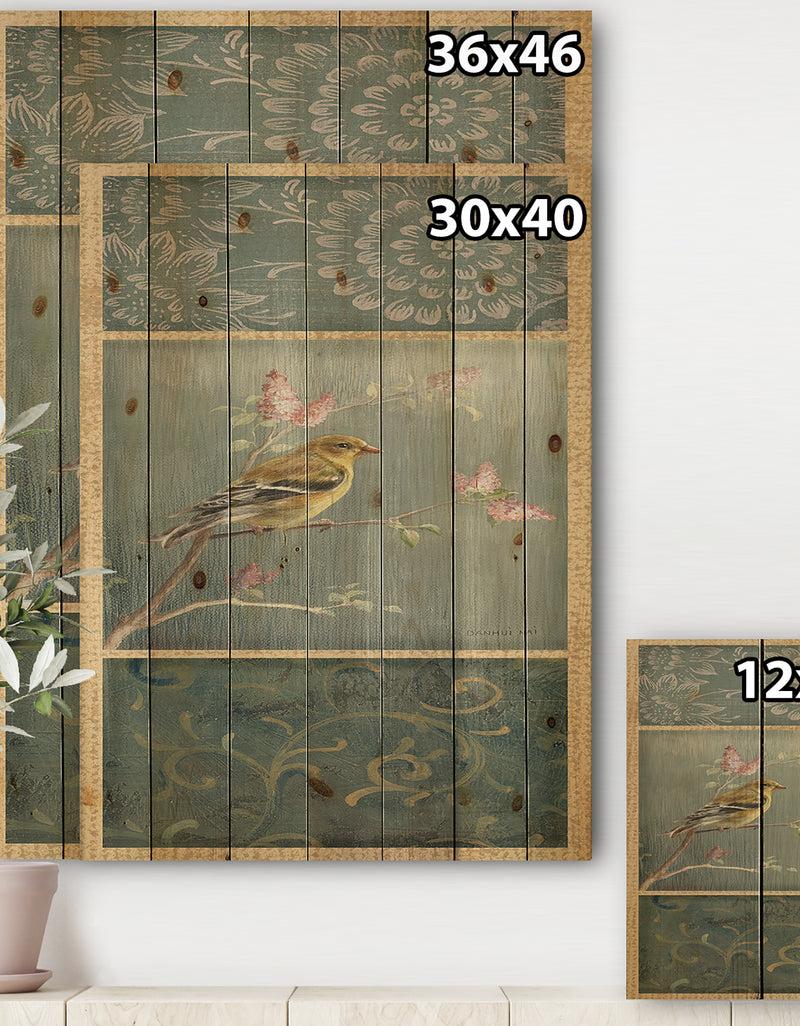 Designq Farmhouse Triptych Of Blue Ornaments And Chickadee Goldfinch - Farmhouse Print On Natural Pine Wood
