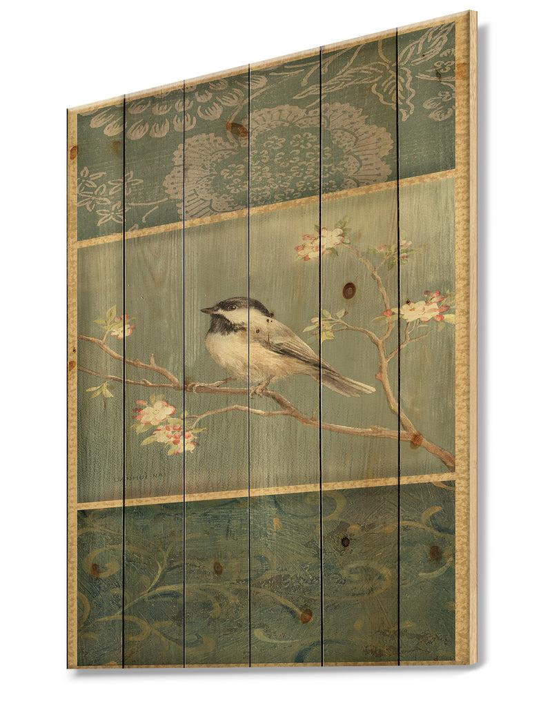 Designq Farmhouse Triptych Of Blue Ornaments And Chickadee - Farmhouse Print On Natural Pine Wood