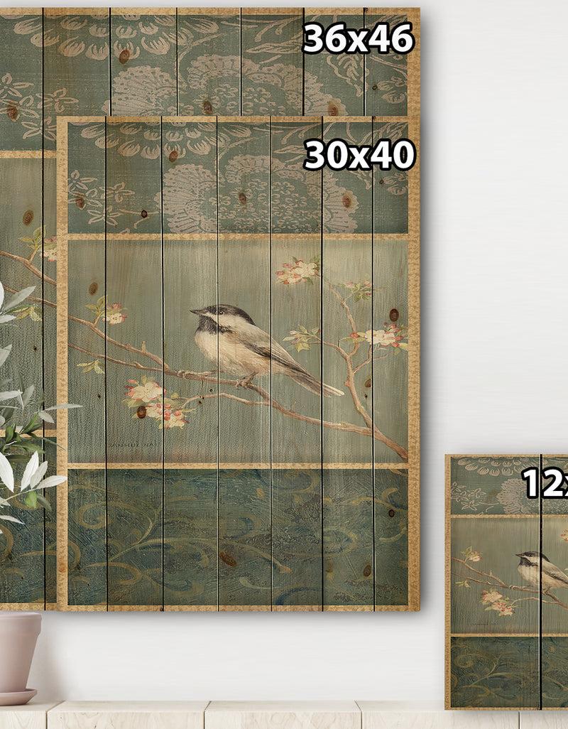 Designq Farmhouse Triptych Of Blue Ornaments And Chickadee - Farmhouse Print On Natural Pine Wood