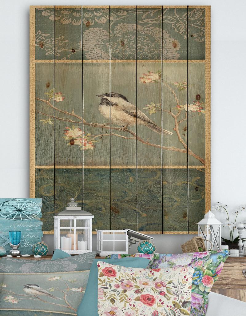 designq Farmhouse Triptych of Blue Ornaments And Chickadee - Farmhouse Print on Natural Pine Wood