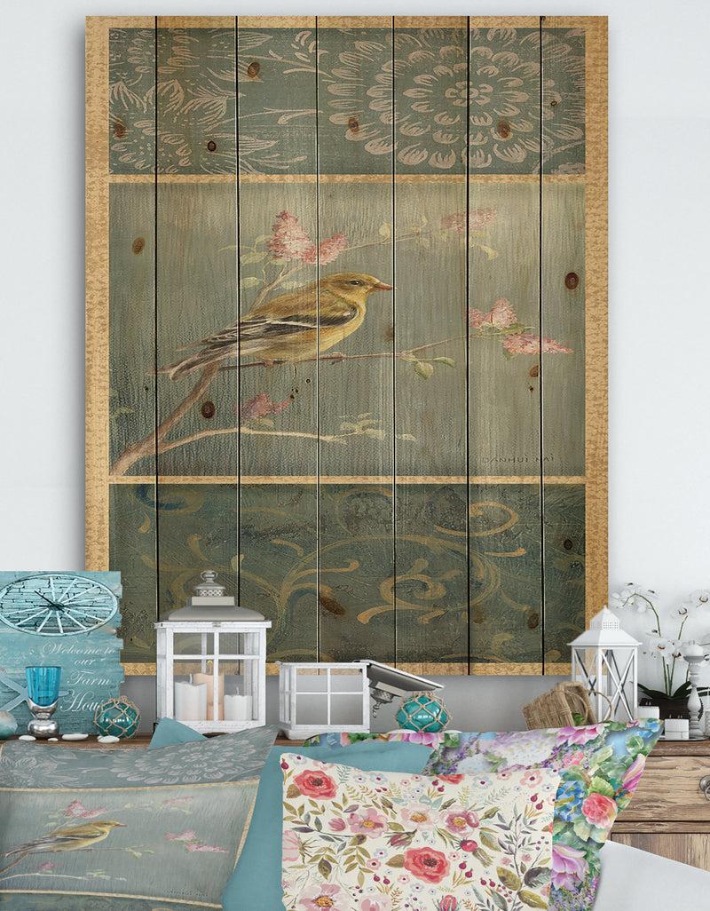 designq Farmhouse Triptych of Blue Ornaments And Chickadee Goldfinch - Farmhouse Print on Natural Pine Wood