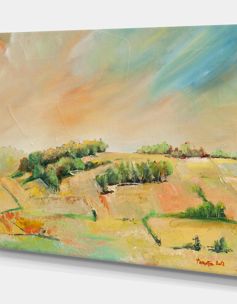 Designq Farmland Over The Hill - Landscapes Painting Print On Wrapped Canvas