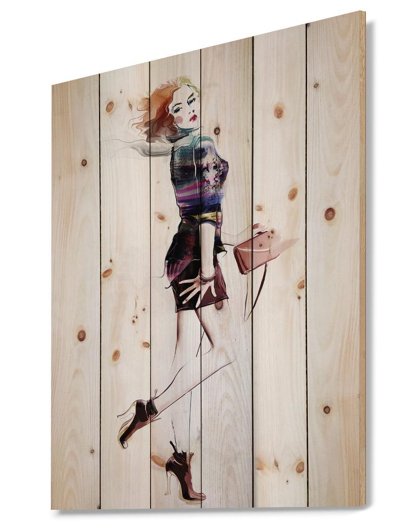 Designq Fashionable Young Girl - Abstract Portrait Print On Natural Pine Wood
