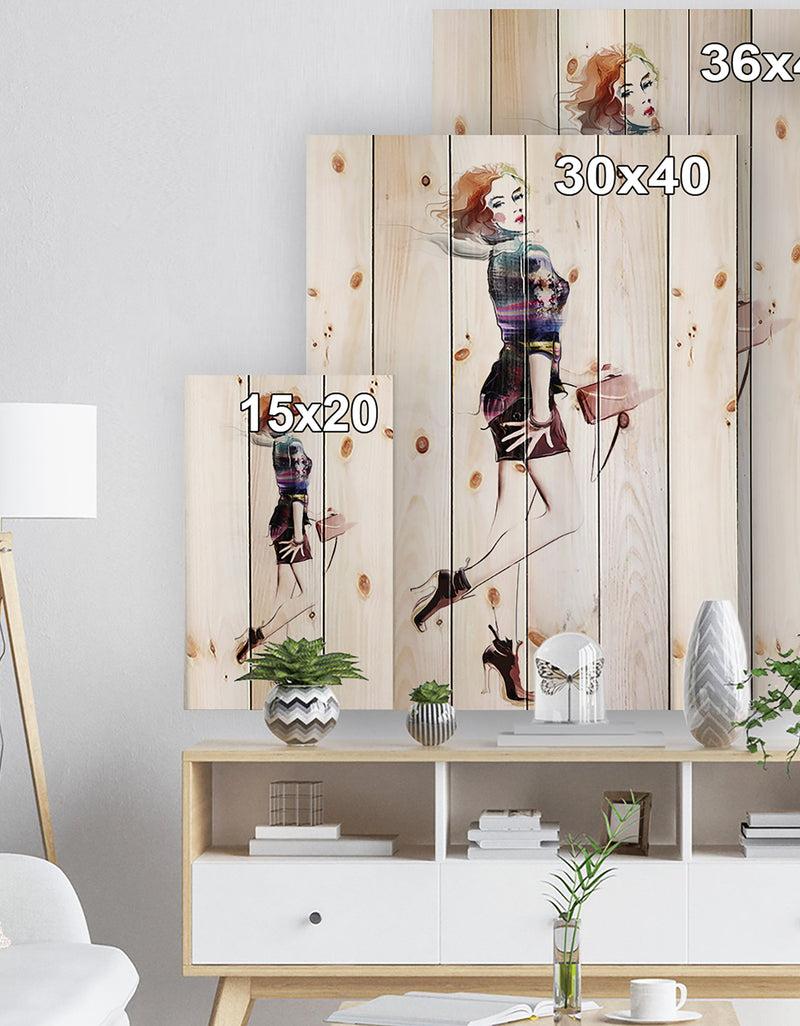 Designq Fashionable Young Girl - Abstract Portrait Print On Natural Pine Wood