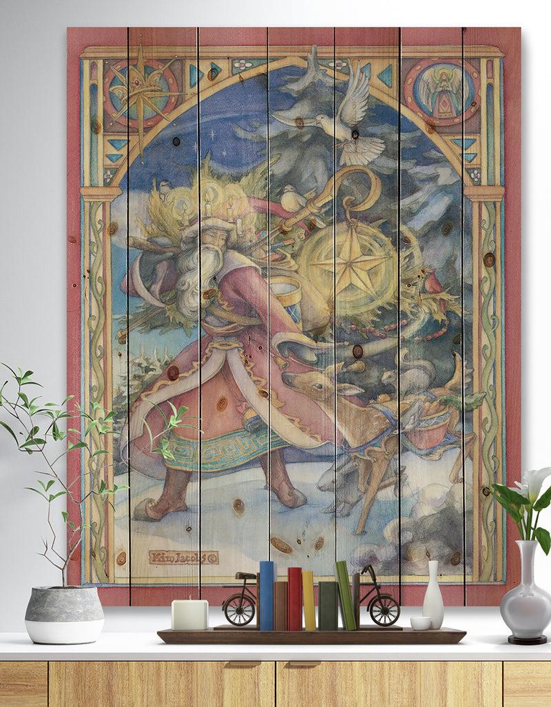 designq Father Christmas with Christmas Star and Reindeer - Print on Natural Pine Wood