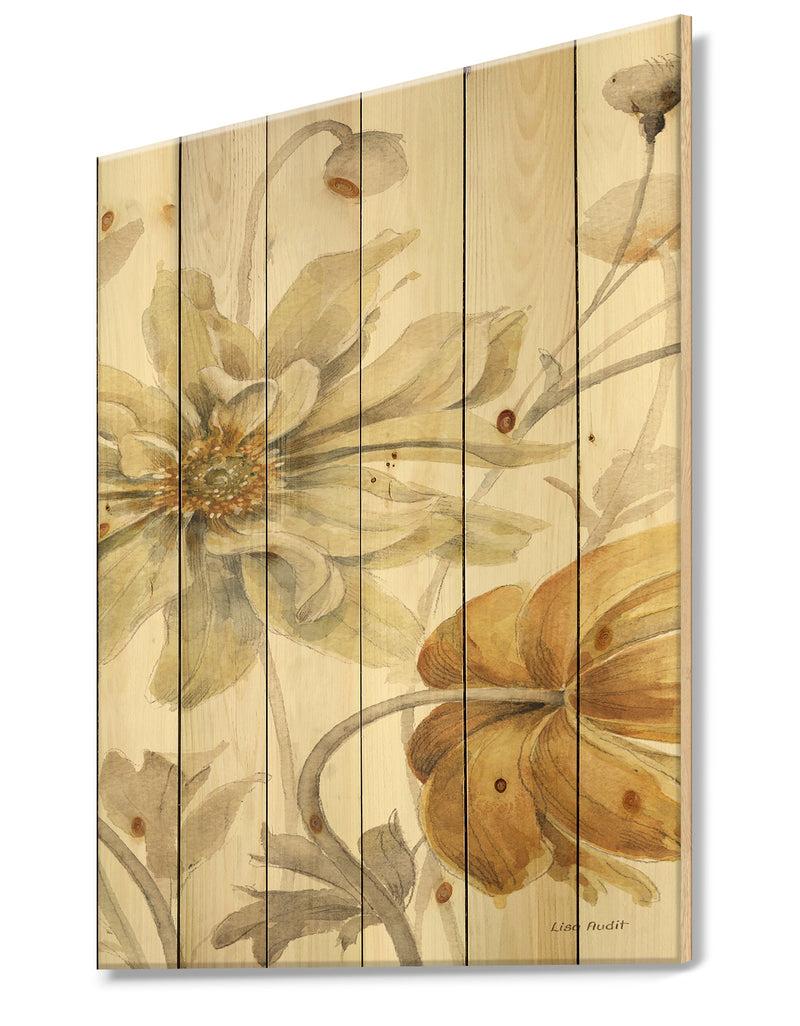 Designq Fields Of Gold Watercolor Flower I - Cabin & Lodge Print On Natural Pine Wood