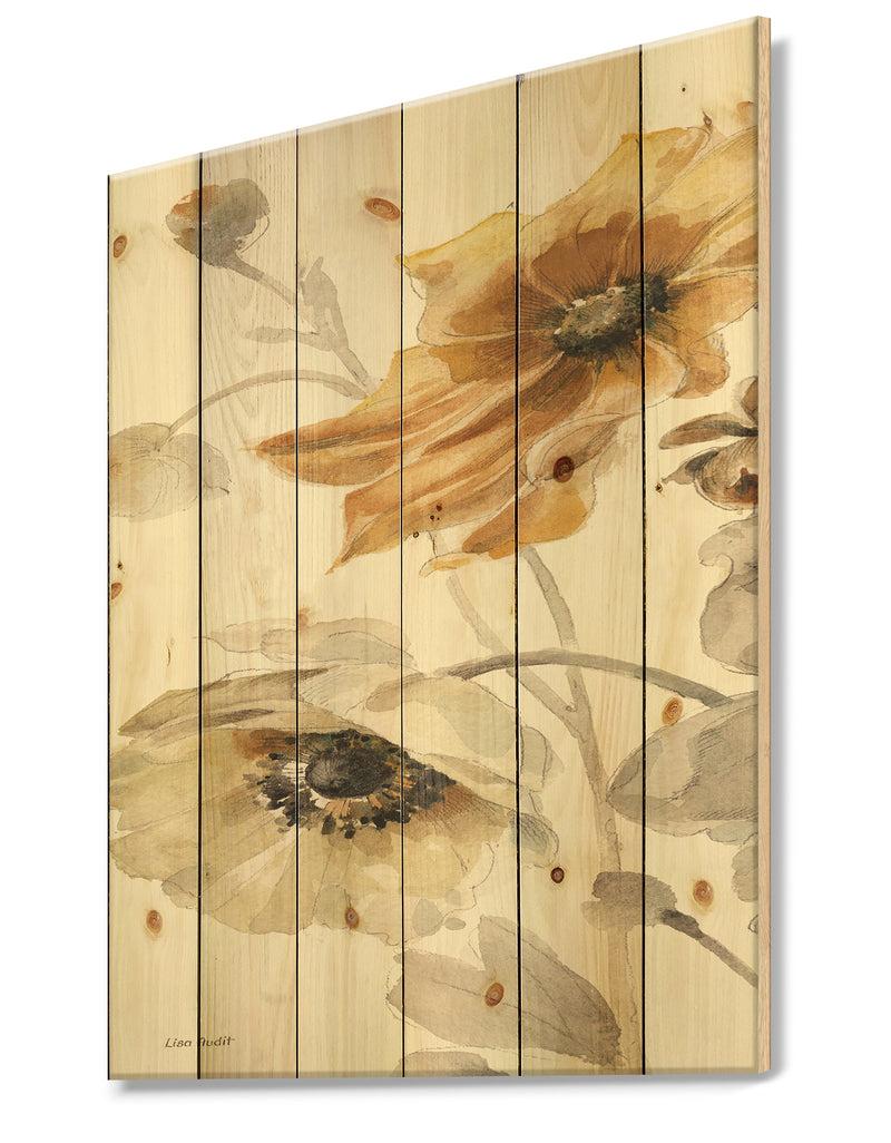 Designq Fields Of Gold Watercolor Flower II - Cabin & Lodge Print On Natural Pine Wood