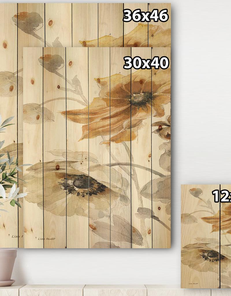 Designq Fields Of Gold Watercolor Flower II - Cabin & Lodge Print On Natural Pine Wood