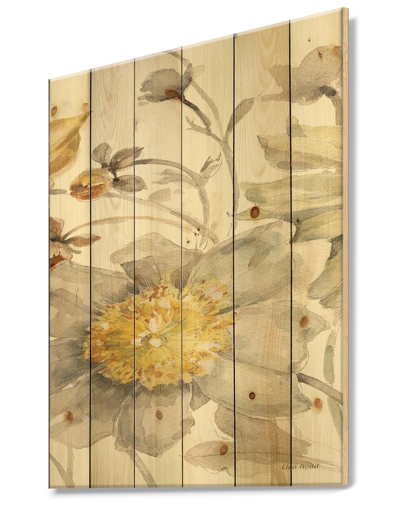 Designq Fields Of Gold Watercolor Flower III - Cabin & Lodge Print On Natural Pine Wood