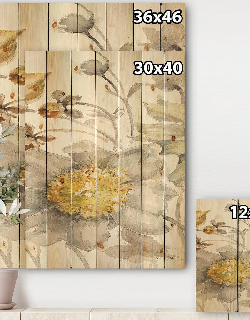 Designq Fields Of Gold Watercolor Flower III - Cabin & Lodge Print On Natural Pine Wood