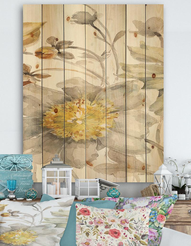 designq Fields of Gold Watercolor Flower III - Cabin & Lodge Print on Natural Pine Wood