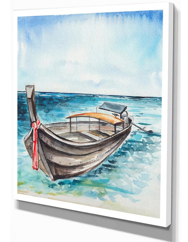 Designq Fishing Boat In Marine Landscape - Sea & Shore Painting Print On Wrapped Canvas