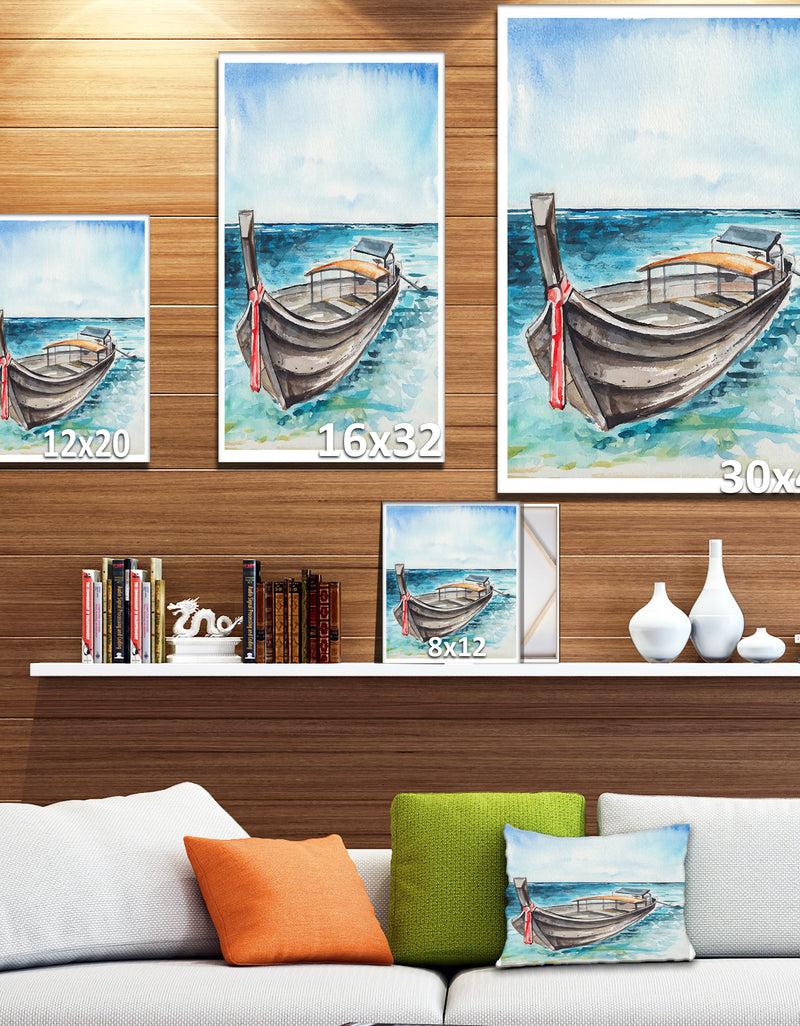 Designq Fishing Boat In Marine Landscape - Sea & Shore Painting Print On Wrapped Canvas