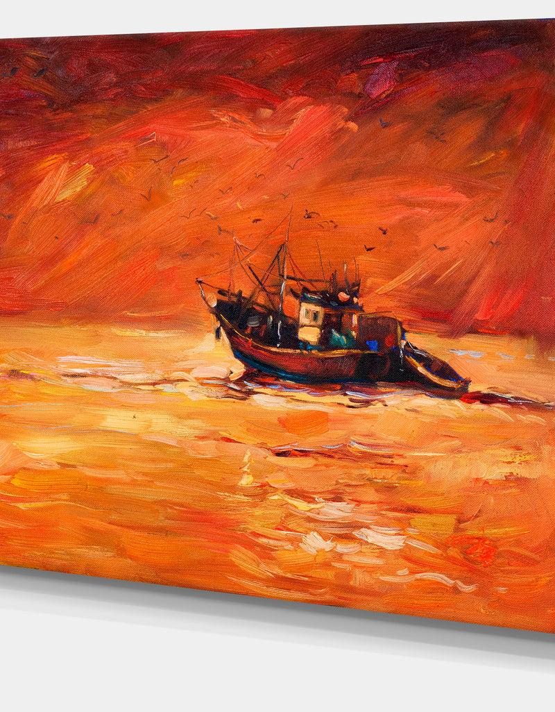 Designq Fishing Boat In Red Hue - Seascape Panting Canvas Print