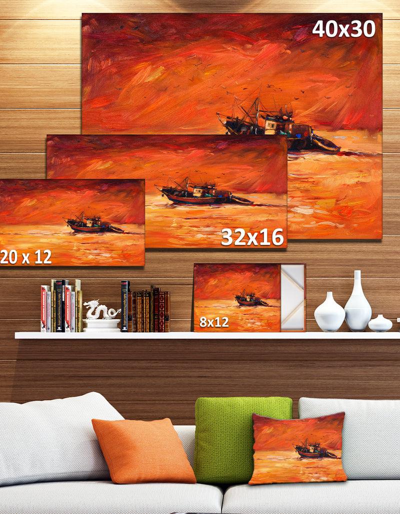 Designq Fishing Boat In Red Hue - Seascape Panting Canvas Print