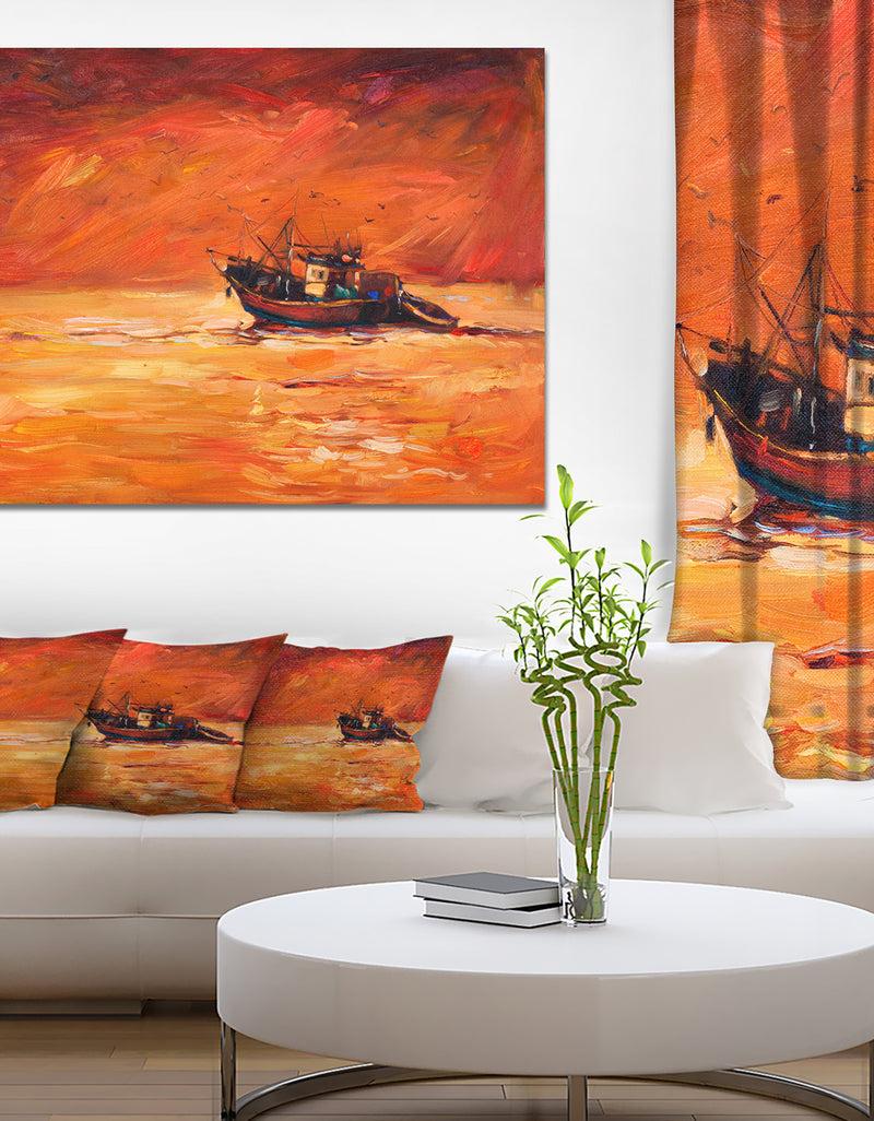 designq Fishing Boat in Red Hue - Seascape Panting Canvas Print