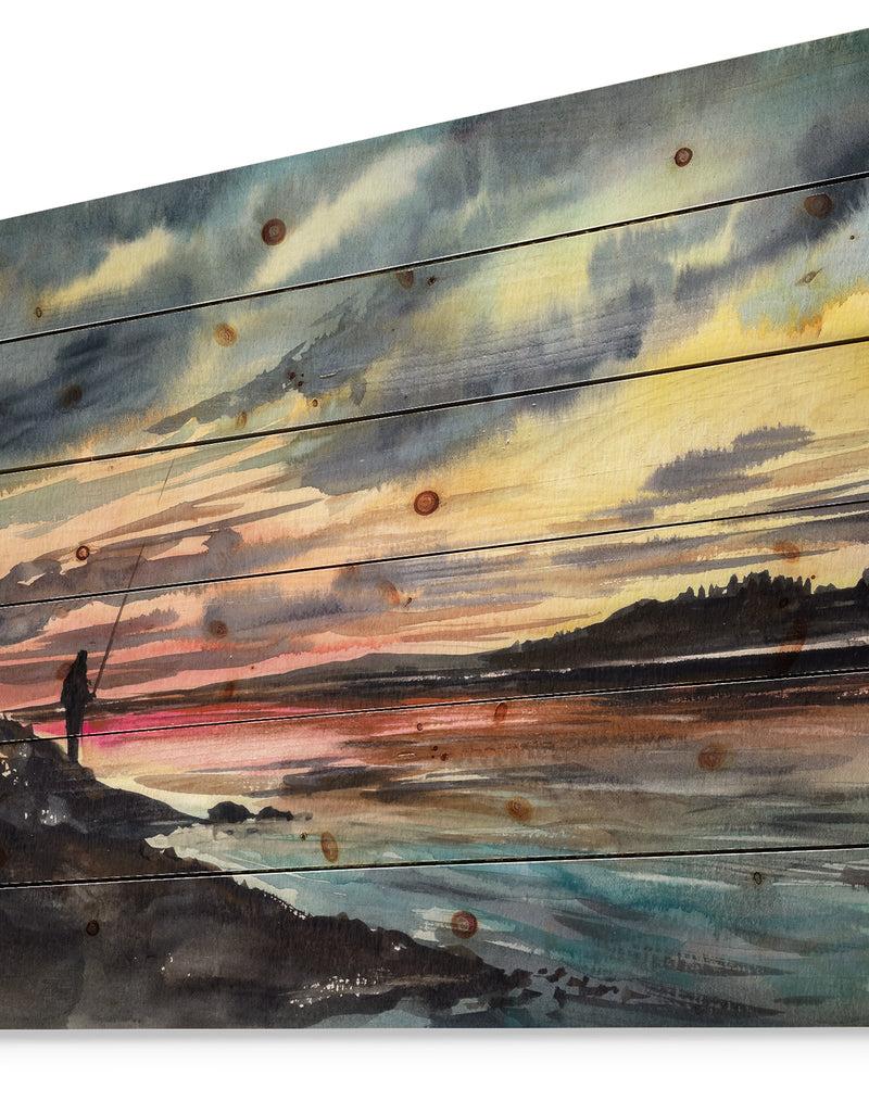 Designq Fishing Man Over Sunset Sky - Landscapes Painting Print On Natural Pine Wood