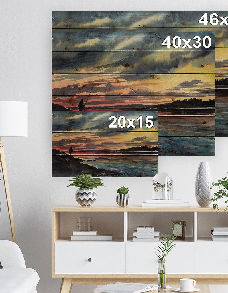 Designq Fishing Man Over Sunset Sky - Landscapes Painting Print On Natural Pine Wood