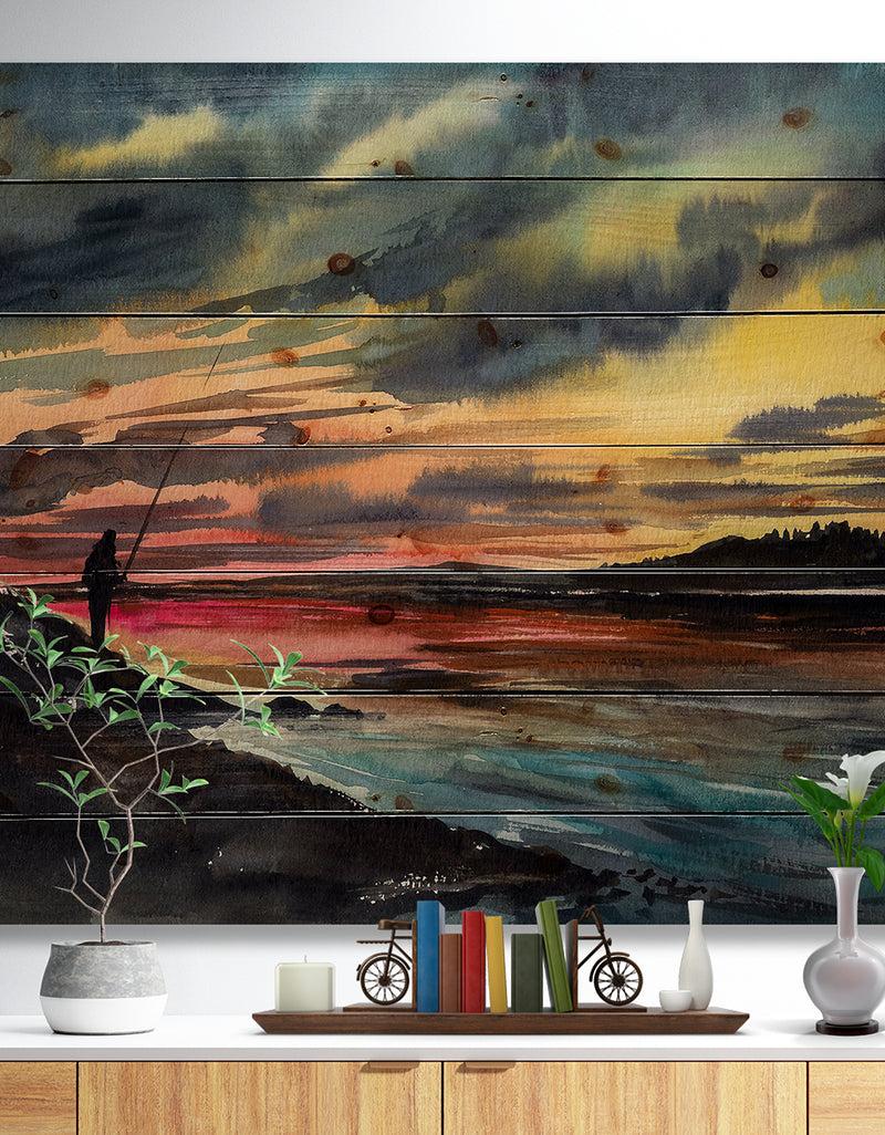designq Fishing Man over Sunset Sky - Landscapes Painting Print on Natural Pine Wood