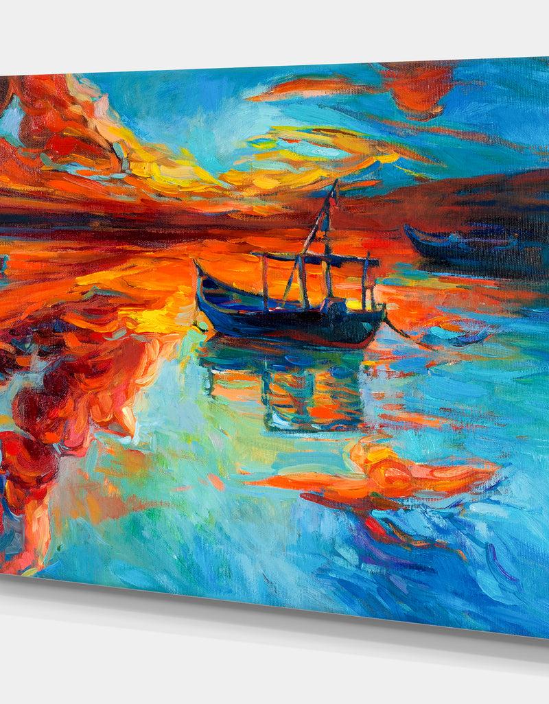 Designq Fishing Sailing Boat At Red Sunset - Sea & Shore Painting Print On Wrapped Canvas