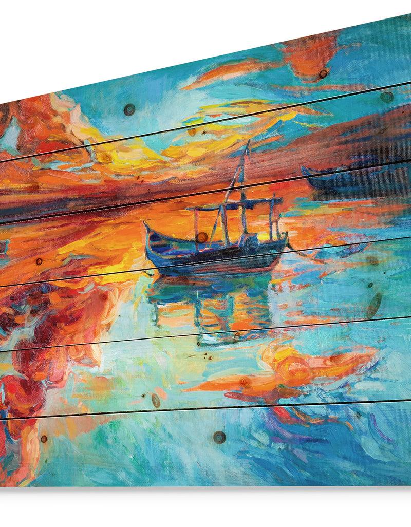 Designq Fishing Sailing Boat At Red Sunset - Sea & Shore Painting Print On Natural Pine Wood
