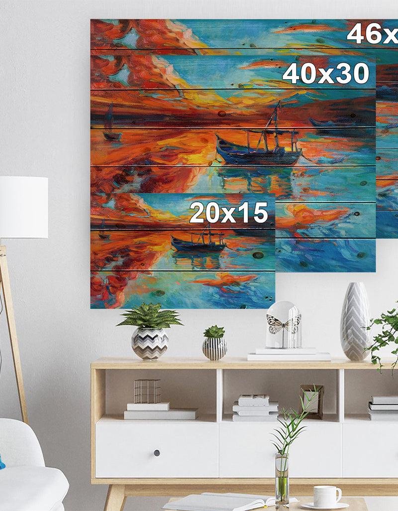 Designq Fishing Sailing Boat At Red Sunset - Sea & Shore Painting Print On Natural Pine Wood