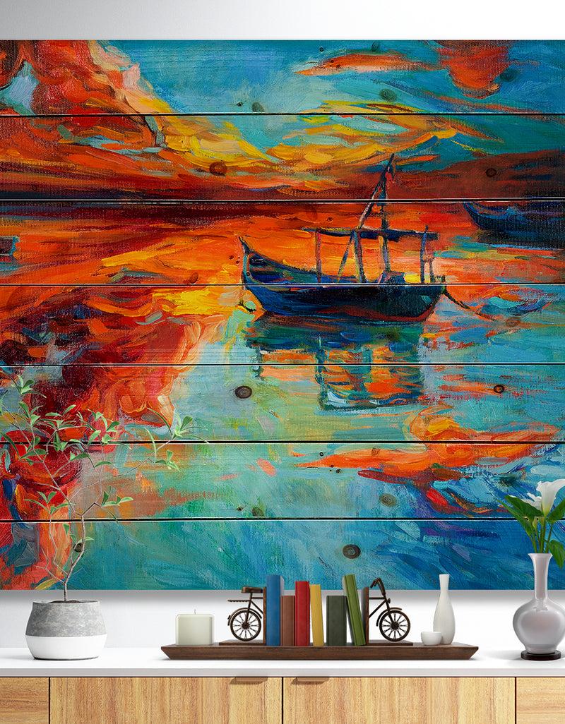 designq Fishing Sailing Boat at Red Sunset - Sea & Shore Painting Print on Natural Pine Wood