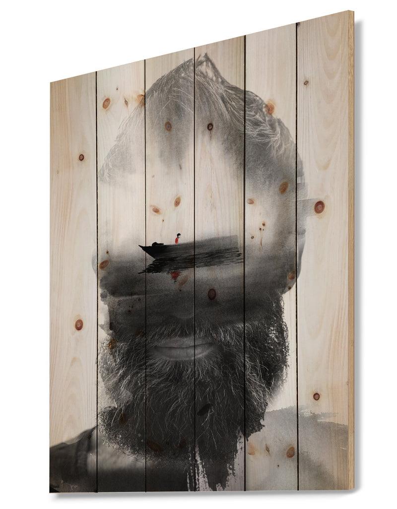 Designq Floating Boat In Man Portrait - Glamour Painting Print On Natural Pine Wood
