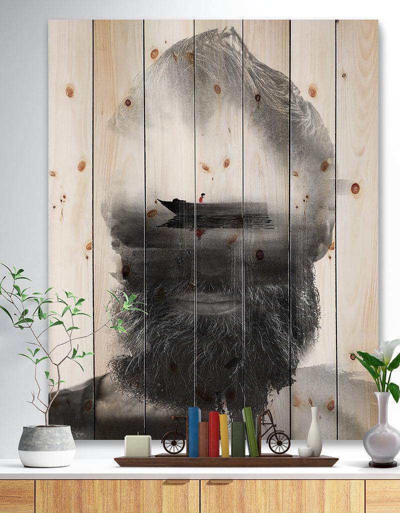 designq Floating Boat in Man Portrait - Glamour Painting Print on Natural Pine Wood
