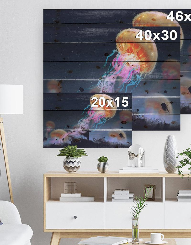 Designq Floating Giant Jelly Fish - Animals Painting Print On Natural Pine Wood