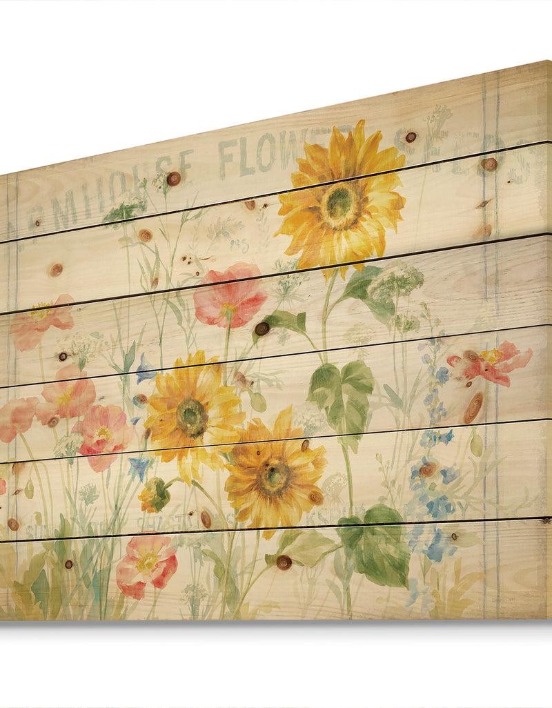 Designq Floursack Florals I - Floral & Botanical Print On Natural Pine Wood