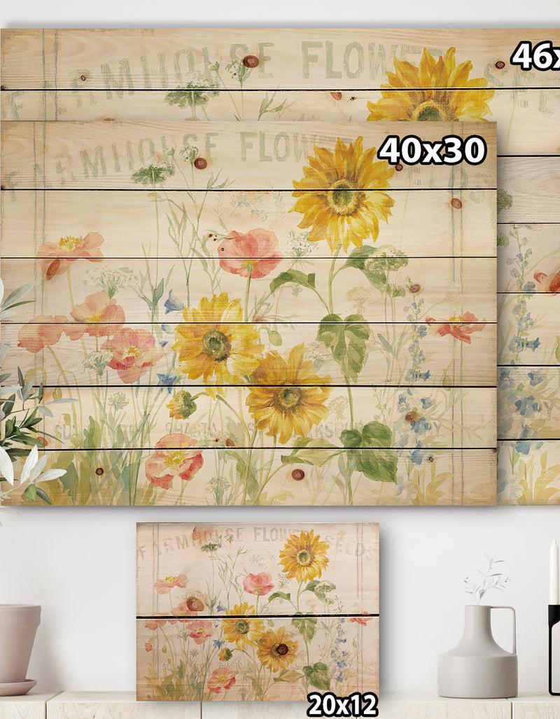 Designq Floursack Florals I - Floral & Botanical Print On Natural Pine Wood