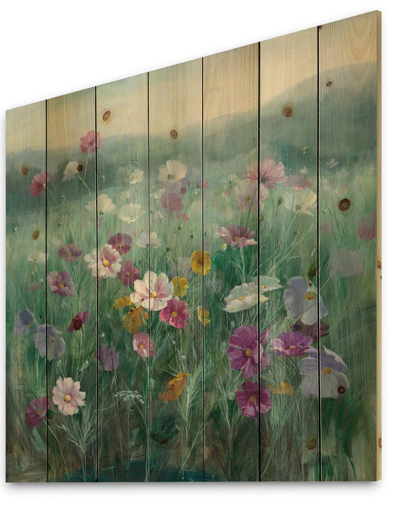 Designq Flower Field - Floral Farmhouse Print On Natural Pine Wood