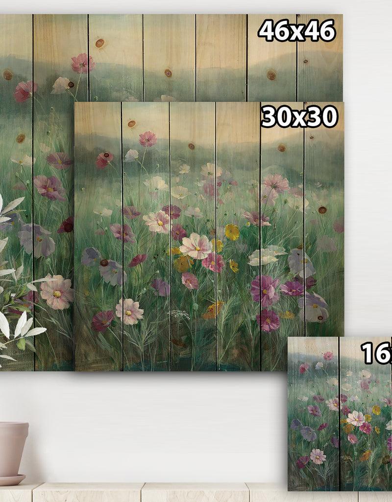 Designq Flower Field - Floral Farmhouse Print On Natural Pine Wood