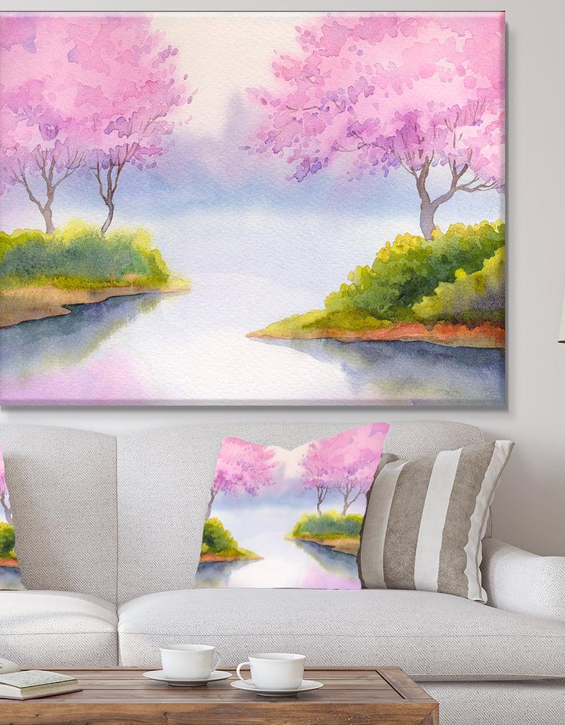 designq Flowering Trees Over River - Landscape Canvas Print
